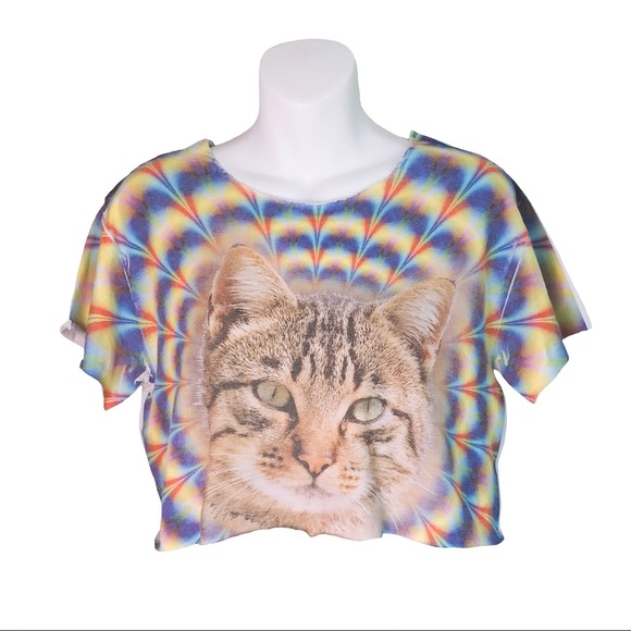 Tops - Trippy Cat Graphic Crop Top Tee S Tops - Trippy Cat Graphic Crop Top Tee S